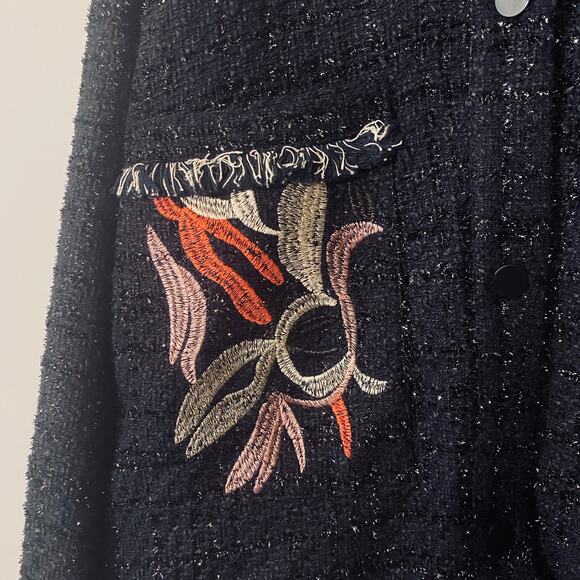 Foxiedox Anthro Metallic Navy Blue Floral Embroidered Fringe Jacket Women SZ 4 - Picture 6 of 10